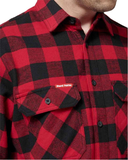 Red Coloured Hard Yakka Mens Long Sleeve Check Flannel Shirt on White Background
