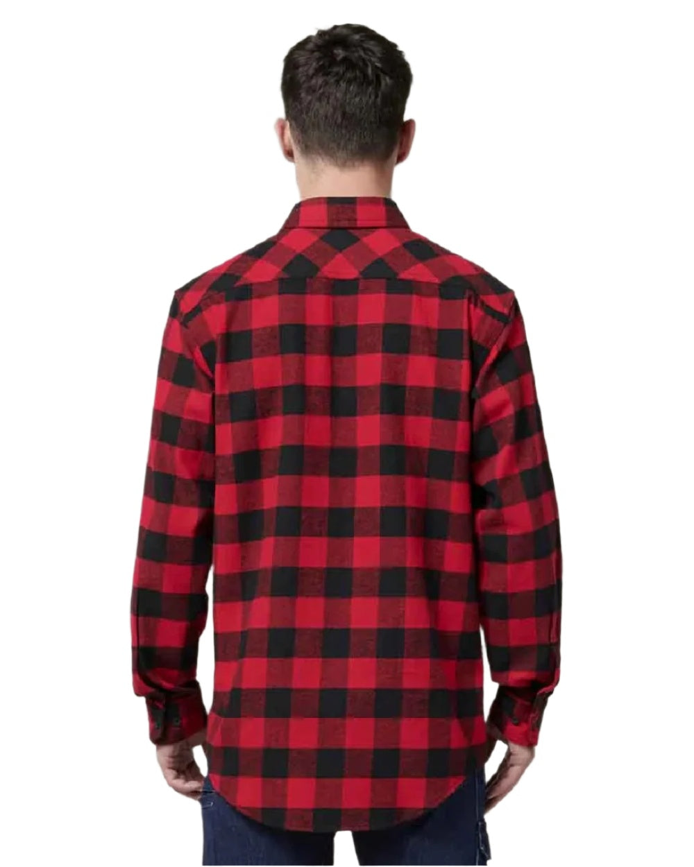 Red Coloured Hard Yakka Mens Long Sleeve Check Flannel Shirt on White Background

