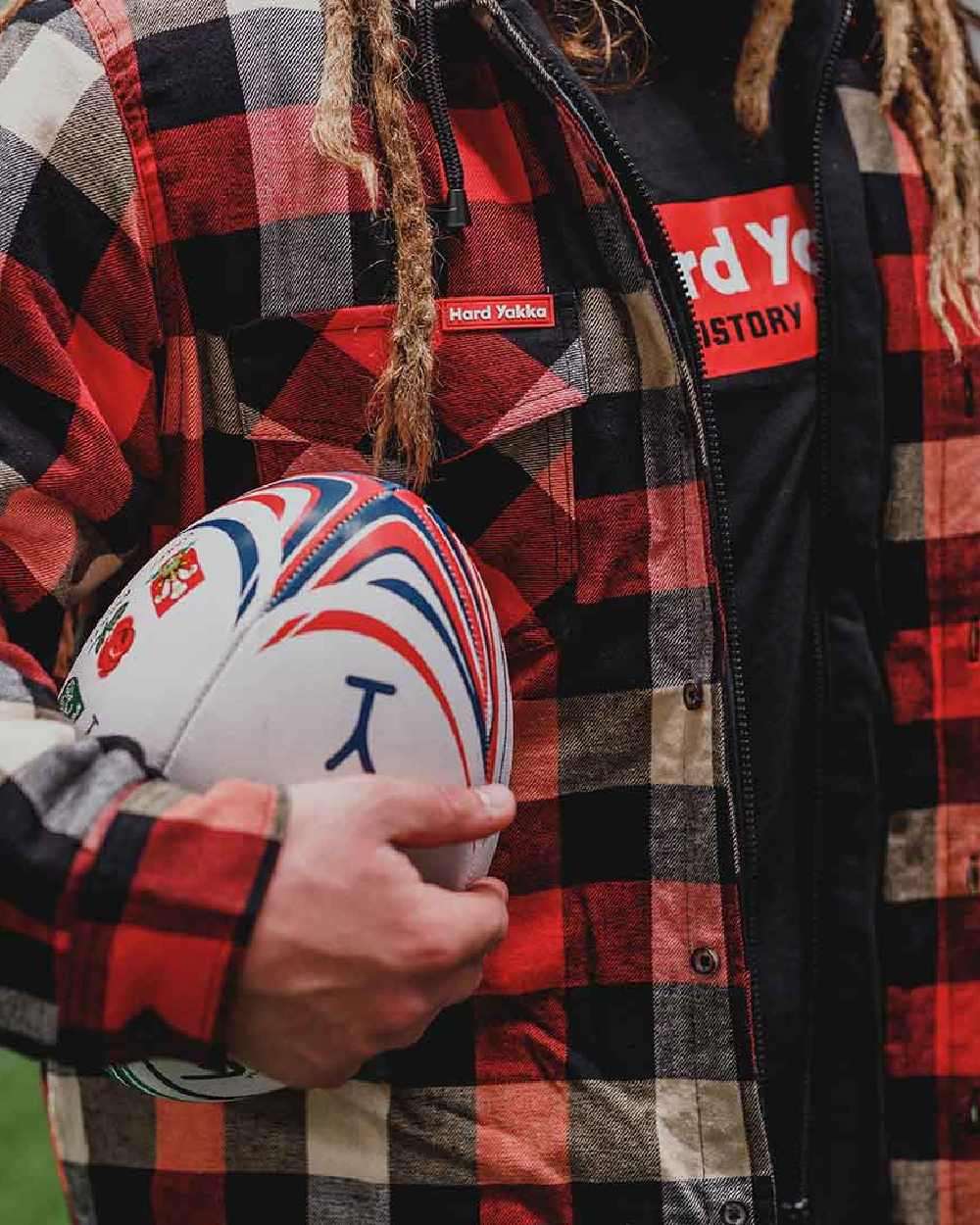 Red Coloured Hard Yakka Mens Quilted Flannel Shacket on Outdoor Background
