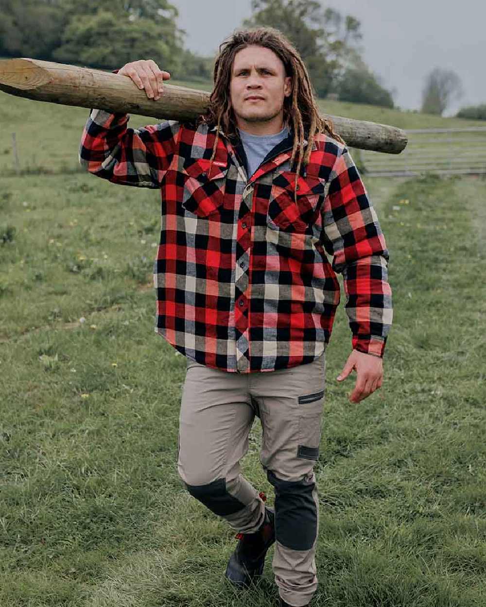 Red Coloured Hard Yakka Mens Quilted Flannel Shacket on Outdoor Background
