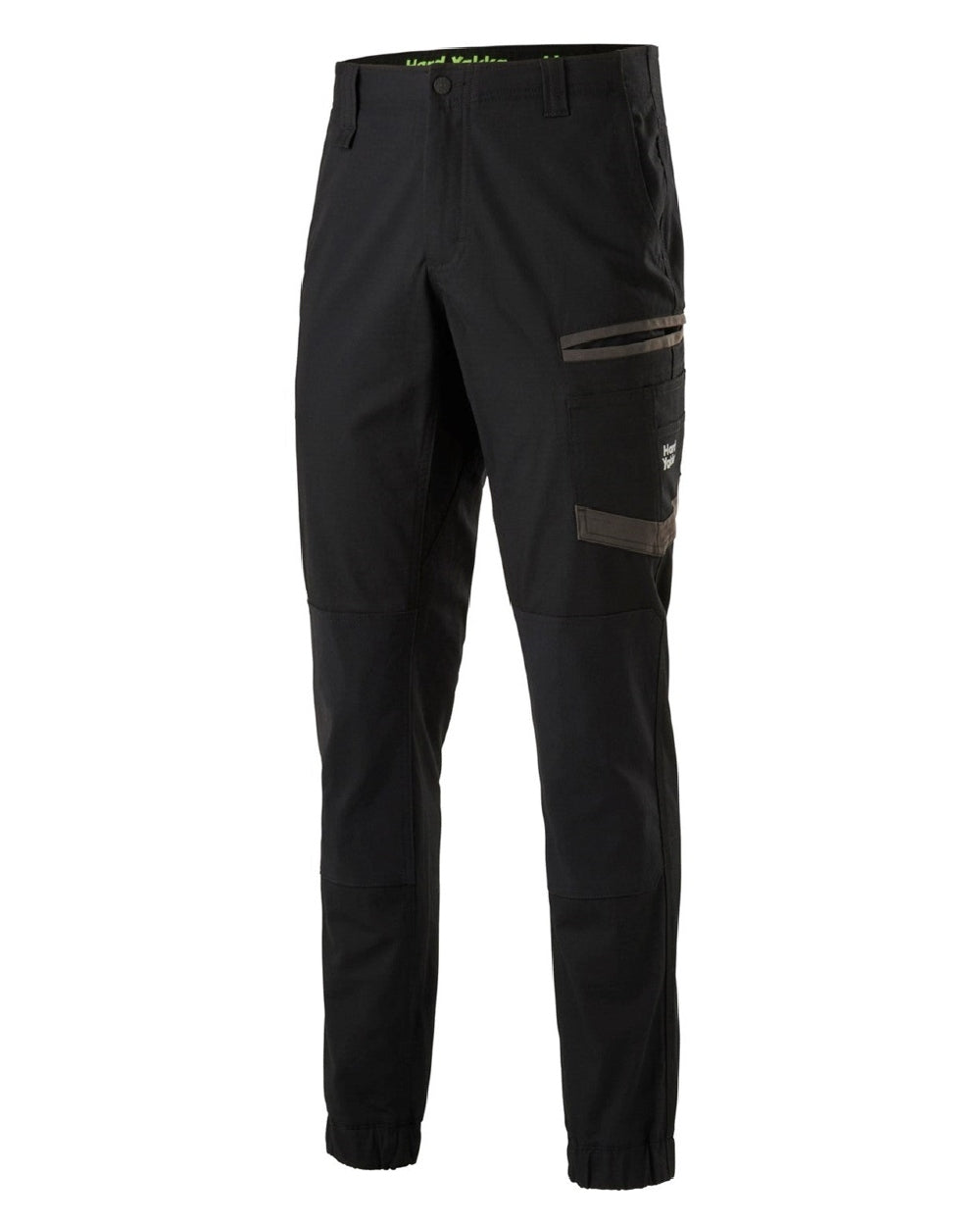Black Coloured Hard Yakka Mens Raptor Active Cuffed Trousers on White Background
