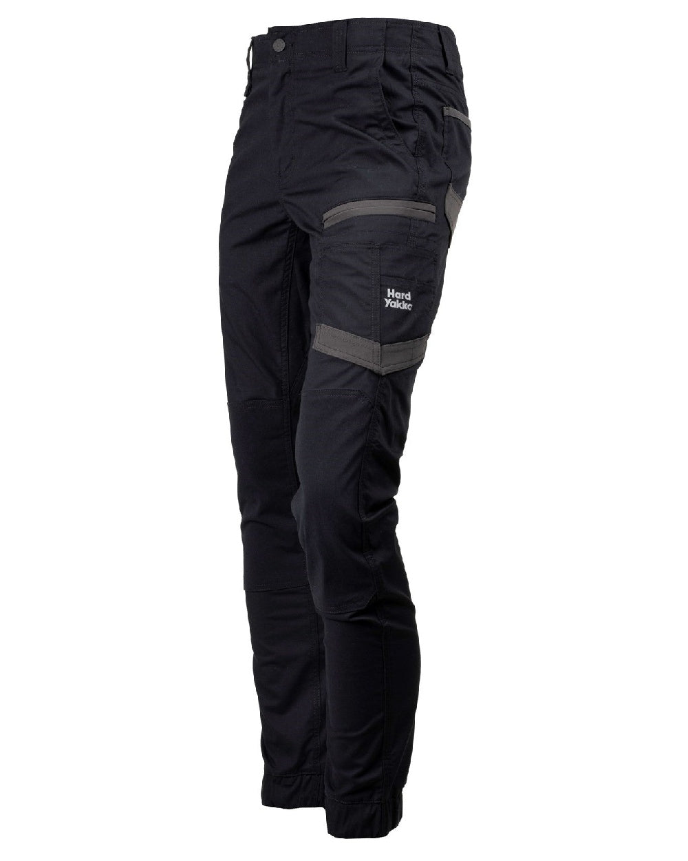 Black Coloured Hard Yakka Mens Raptor Active Cuffed Trousers on White Background
