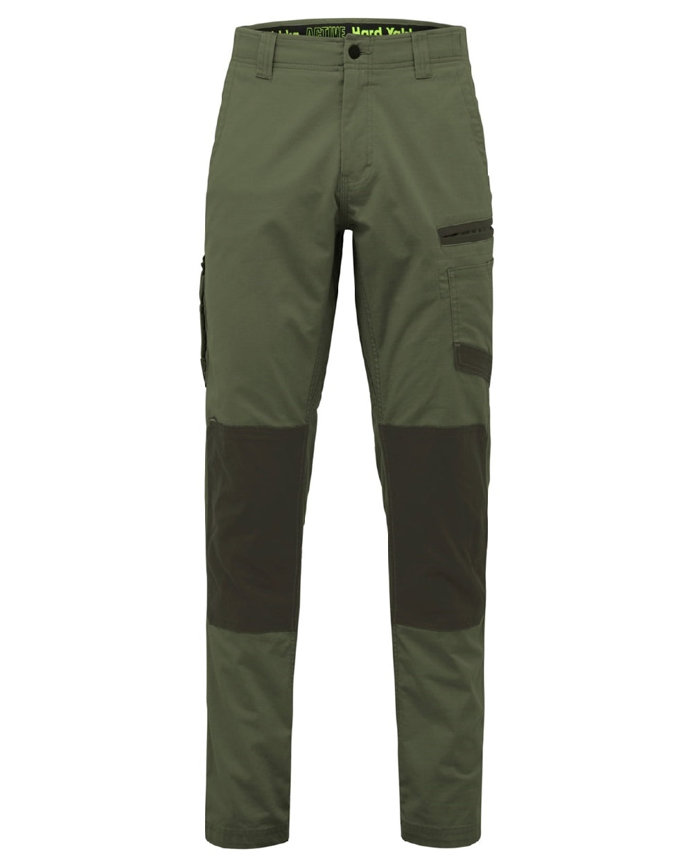 Military Green Coloured Hard Yakka Mens Raptor Active Trousers on White Background
