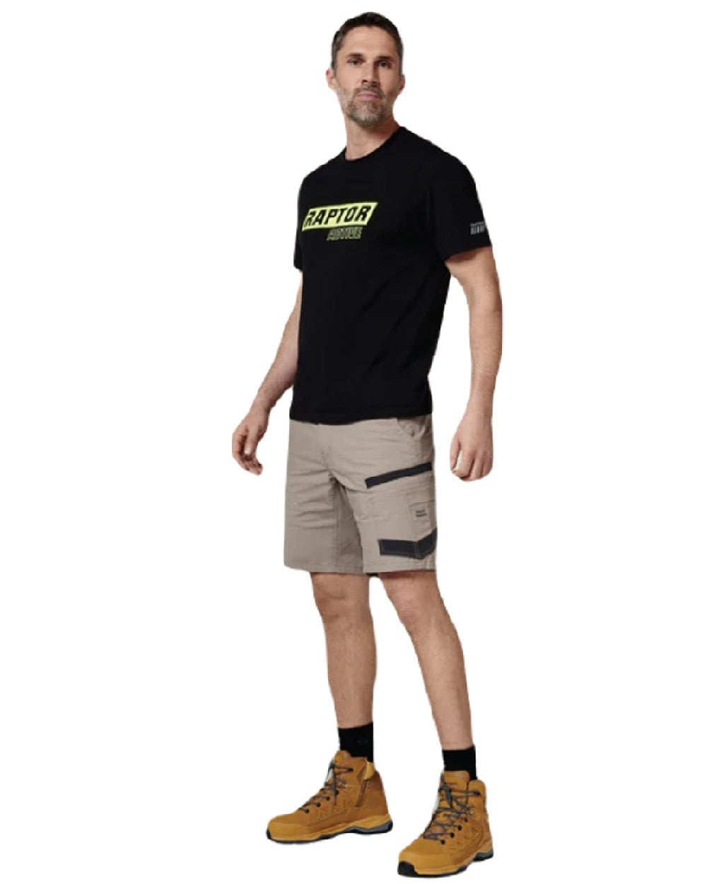 Desert Coloured Hard Yakka Raptor Active Cargo Shorts on White Background
