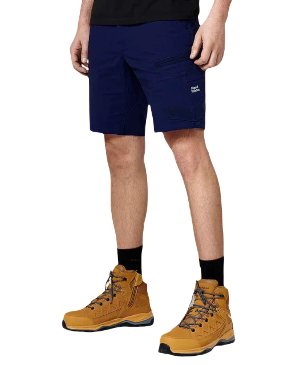 Navy Coloured Hard Yakka Raptor Active Cargo Shorts on White Background
