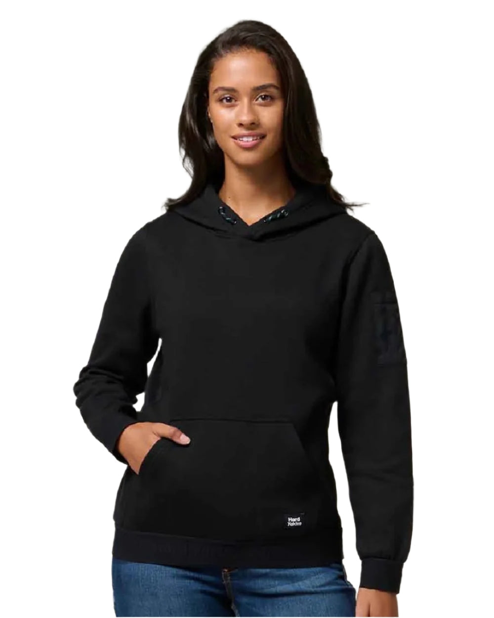 Black Coloured Hard Yakka Womens Gladiator Hoodie on White Background

