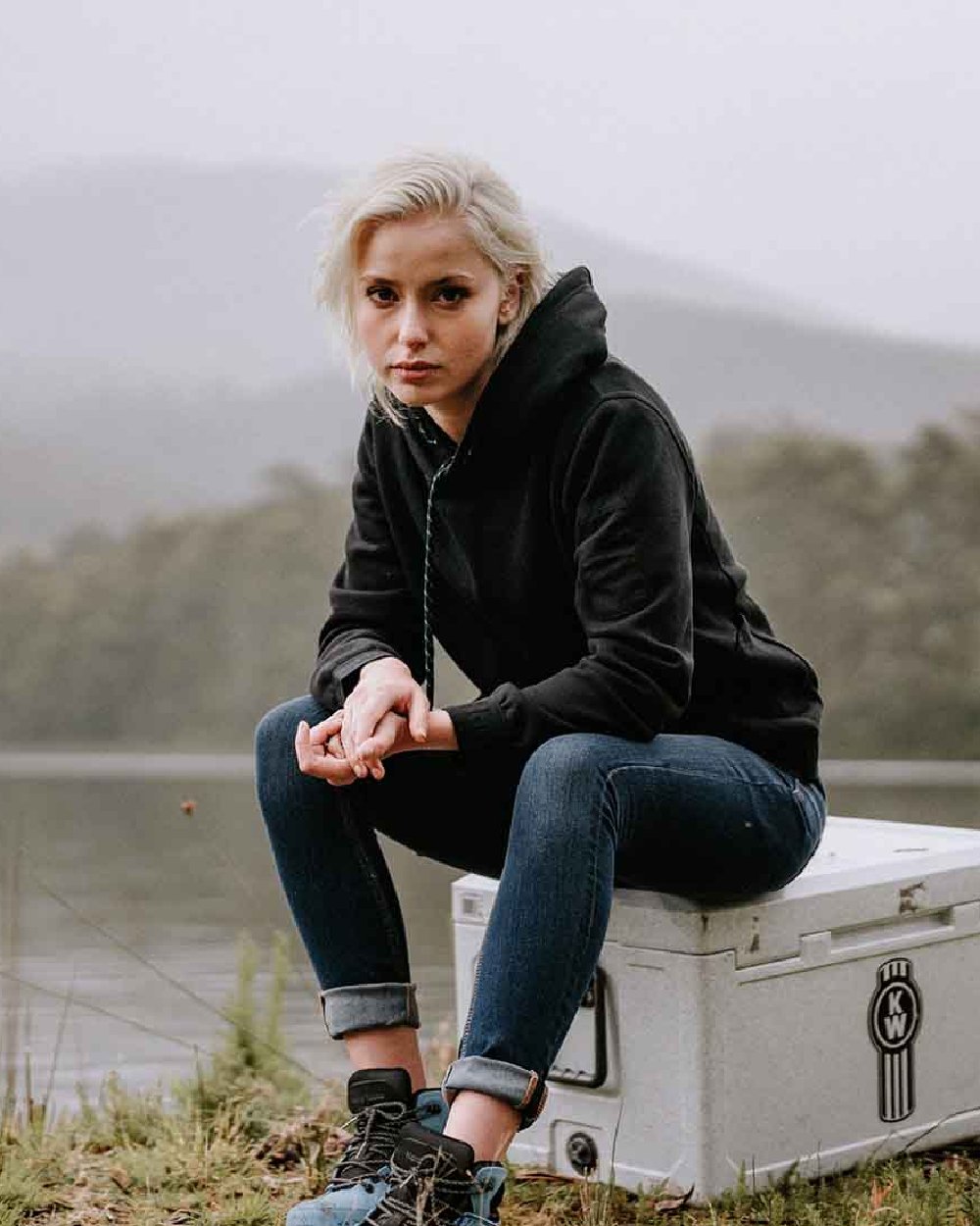 Black Coloured Hard Yakka Womens Gladiator Hoodie on River Background
