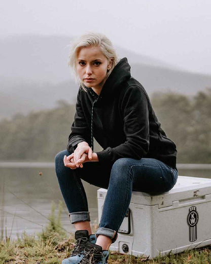 Black Coloured Hard Yakka Womens Gladiator Hoodie on River Background
