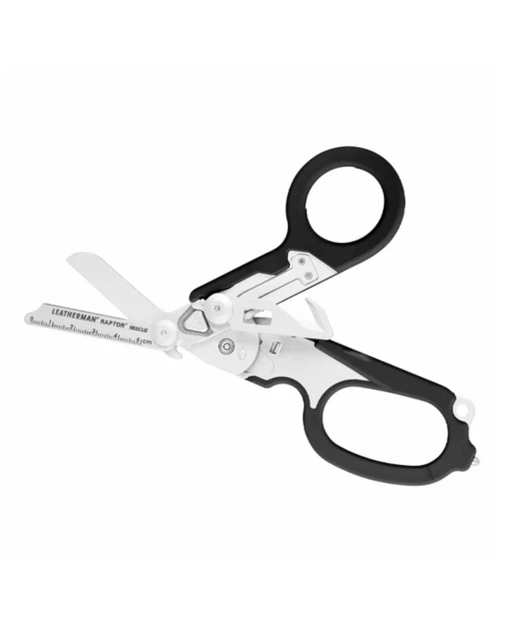 Black Coloured Leatherman Raptor Emergency Foldable Medical Shears On A White Background 