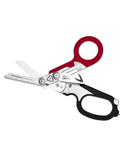 Red Coloured Leatherman Raptor Emergency Foldable Medical Shears On A White Background 