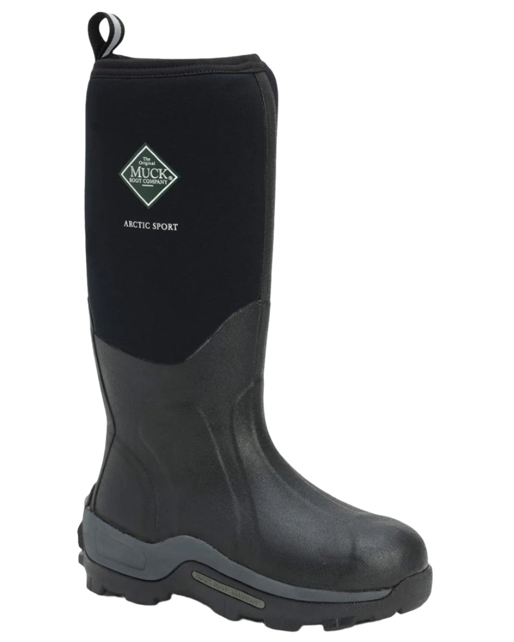 Black Coloured Muck Boots Arctic Sport Tall Wellingtons On A White Background