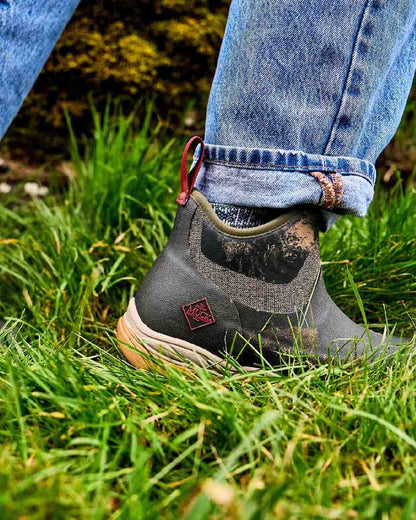 Olive Herringbone Print Coloured Muck Boots Womens Arctic Sport II Ankle Boots on outdoor Background
