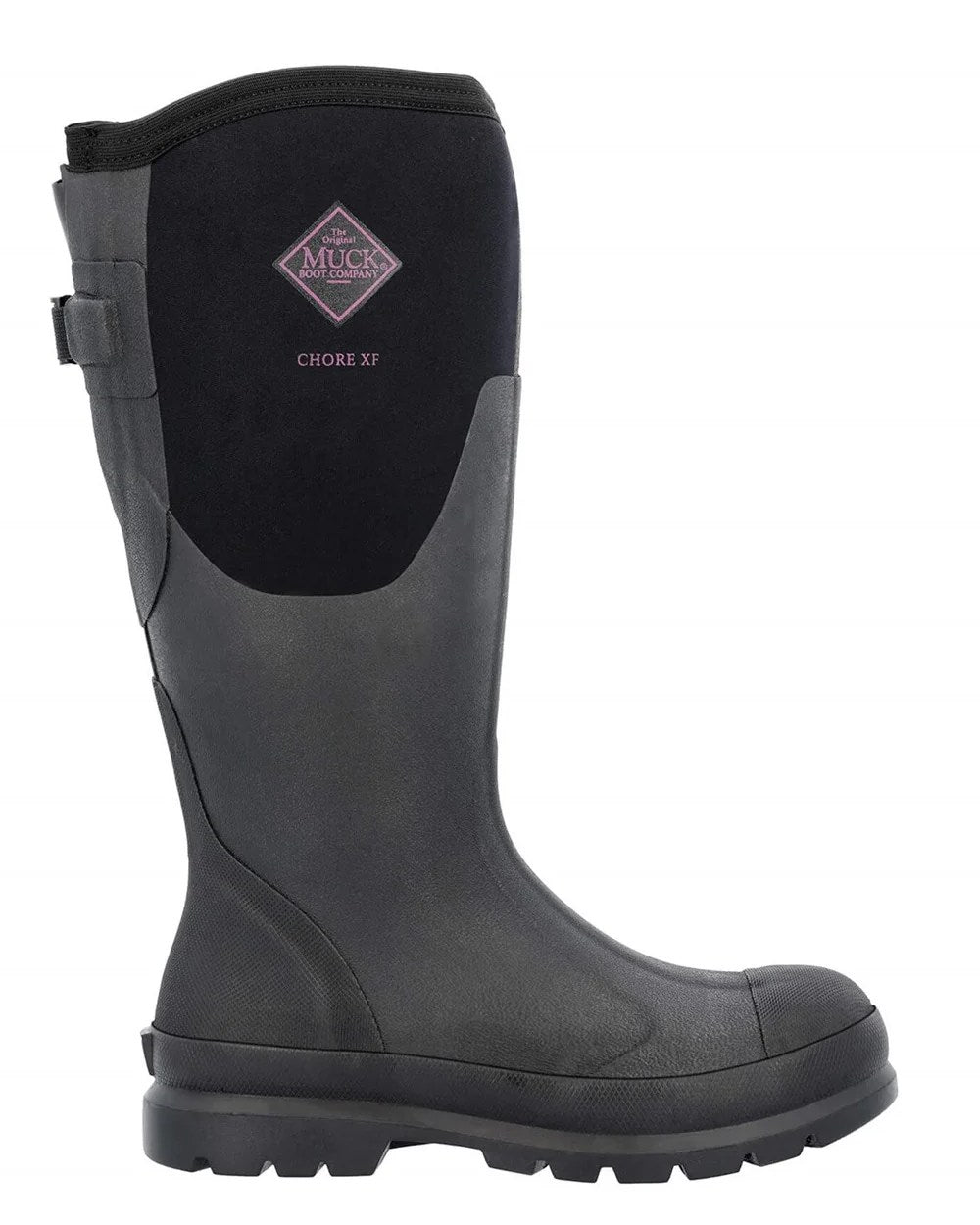 Black Coloured Muck Boots Womens Chore Adjustable Tall Wellingtons On A White Background