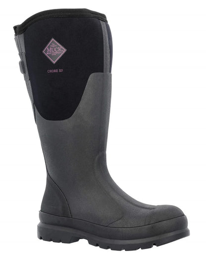 Black Coloured Muck Boots Womens Chore Adjustable Tall Wellingtons On A White Background