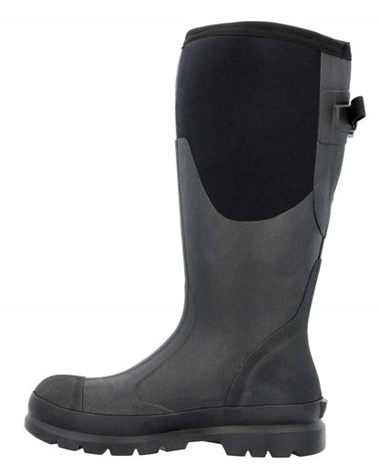 Black Coloured Muck Boots Womens Chore Adjustable Tall Wellingtons On A White Background