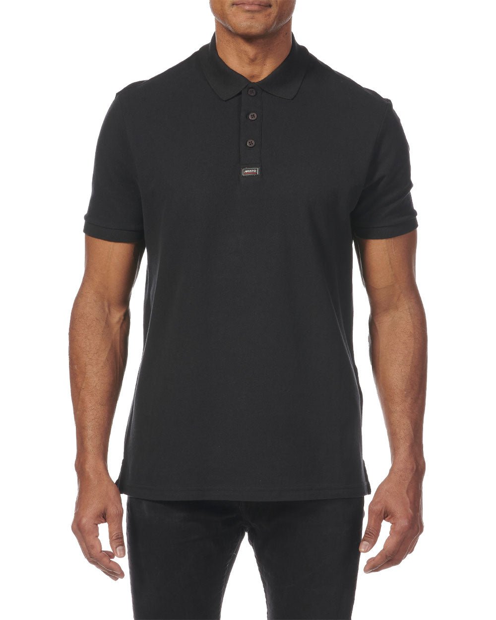 Black coloured Musto Essential Pique Polo Shirt on White background 