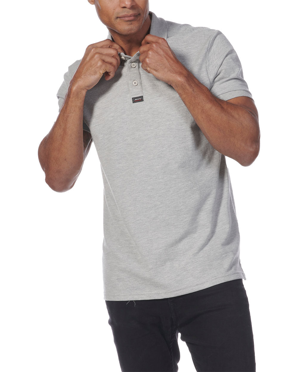 Grey Melange coloured Musto Essential Pique Polo Shirt on White background 