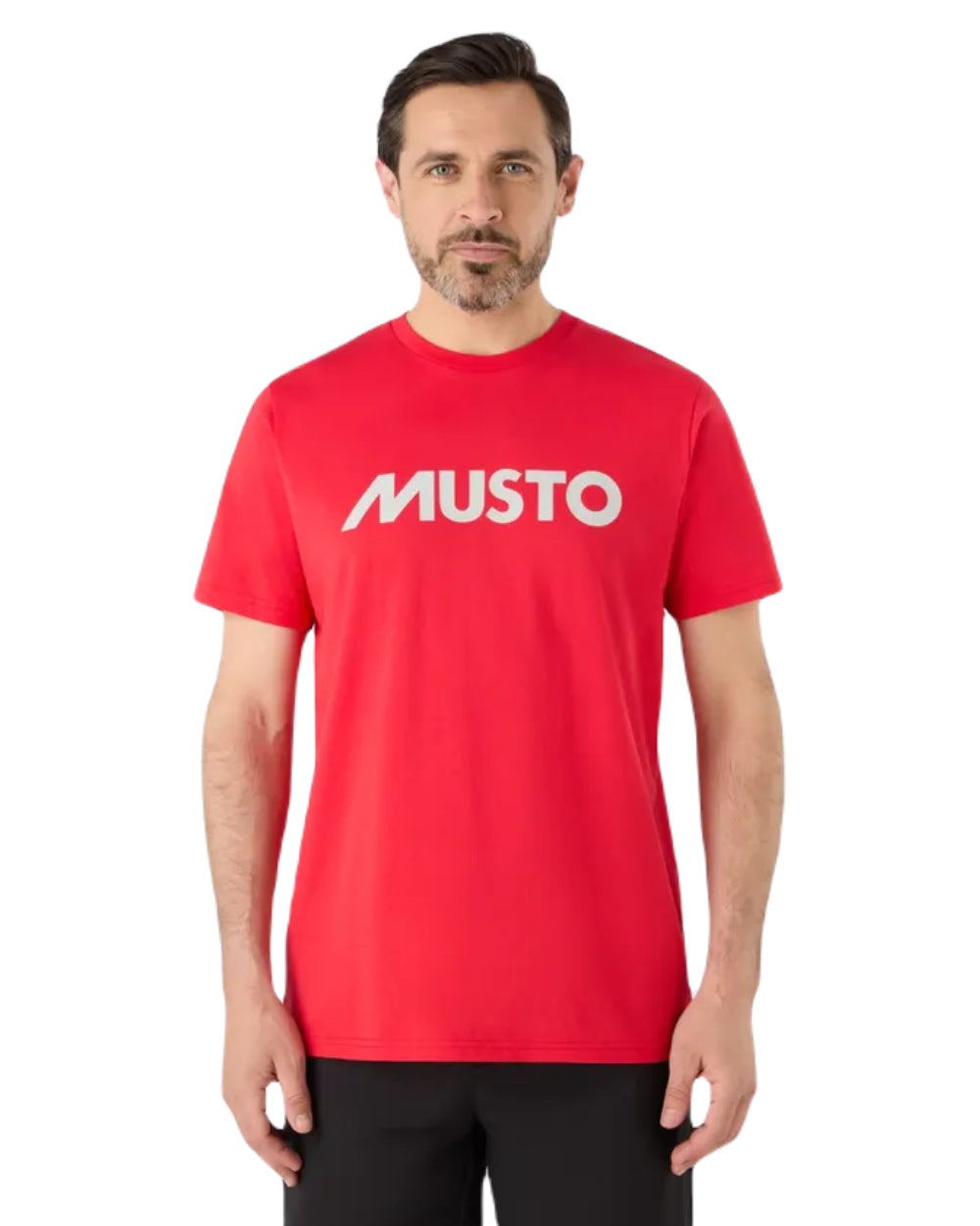 True Red Coloured Musto Logo Tee On A White Background 