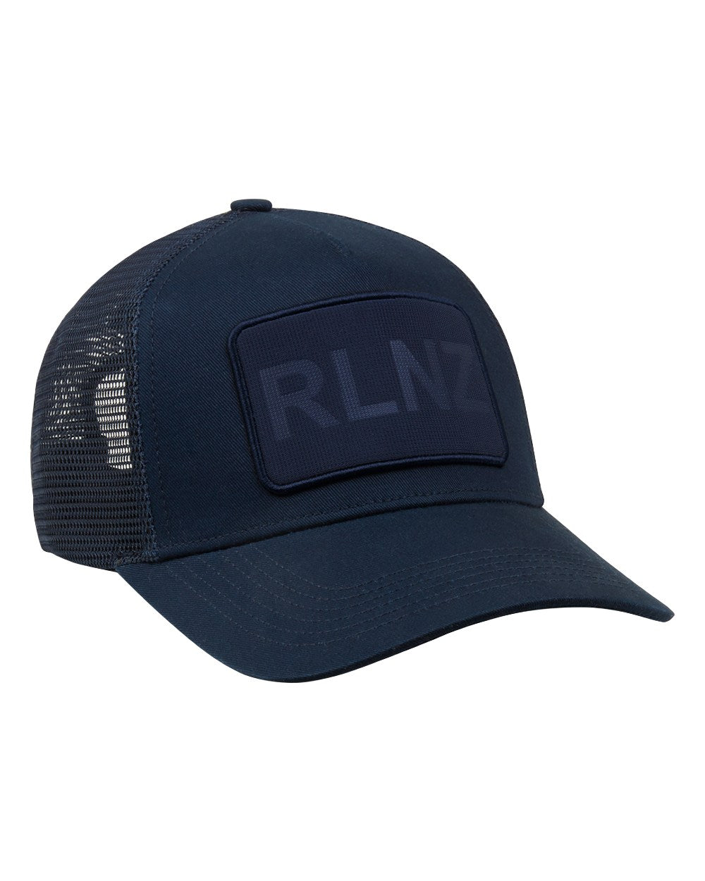 Navy Coloured Ridgeline RLNZ Trucker Cap on white background 