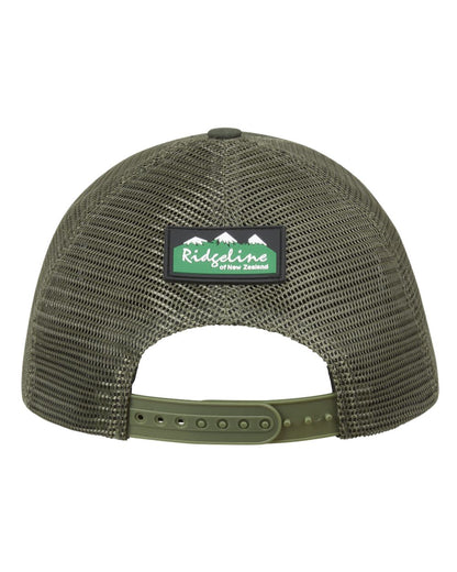 Olive Coloured Ridgeline RLNZ Trucker Cap on white background 