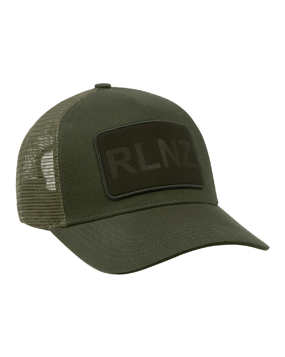 Olive Coloured Ridgeline RLNZ Trucker Cap on white background 