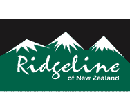 Ridgeline of New Zealand work Clothing. White text on green snow covered mountains with a black background.