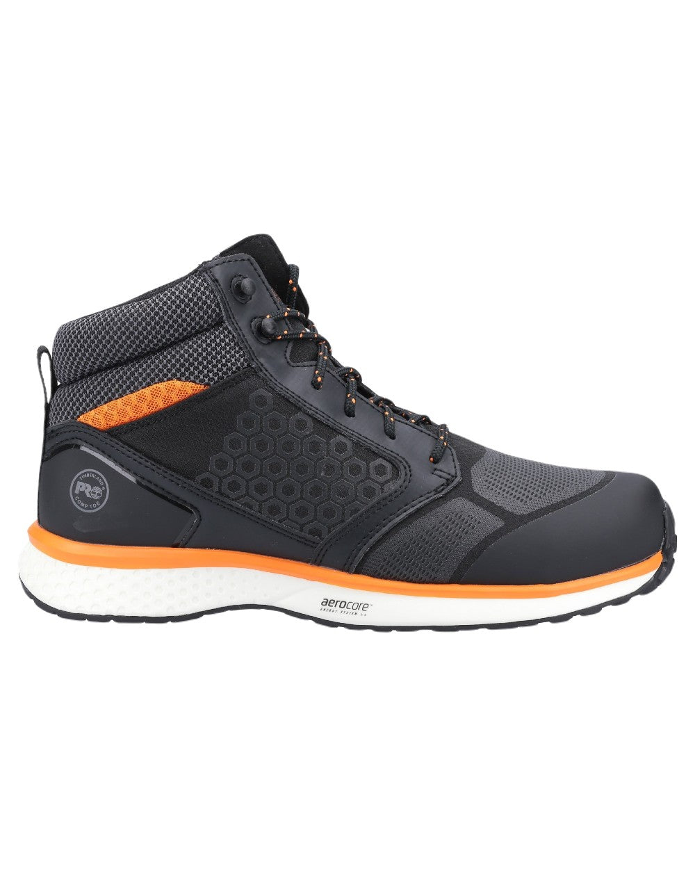 Black Orange Coloured Timberland Pro Mens Reaxion Mid Composite Safety Boots 2.0 on White Background
