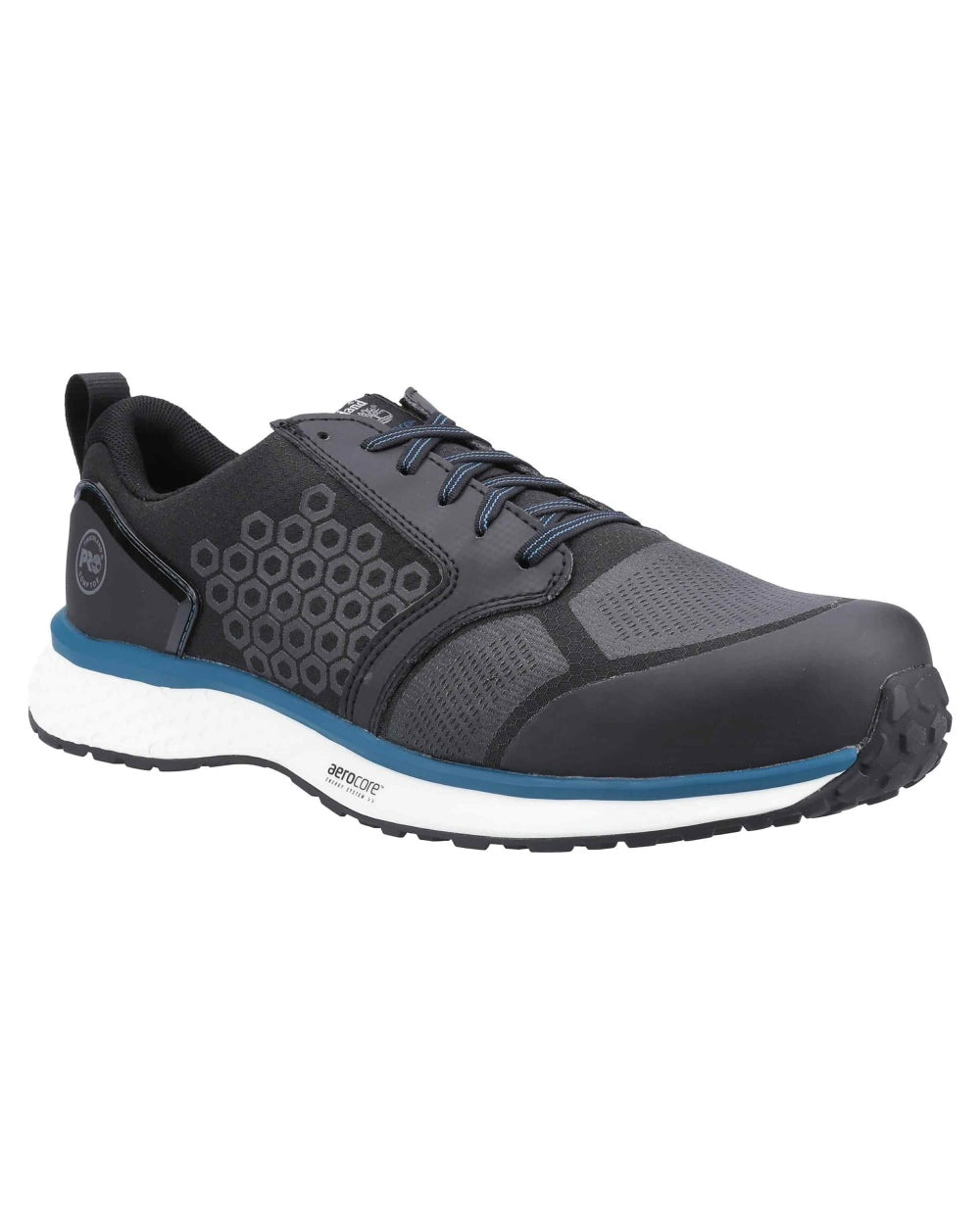 Black/Blue coloured Timberland Pro Reaxion Composite Safety Trainers on white background