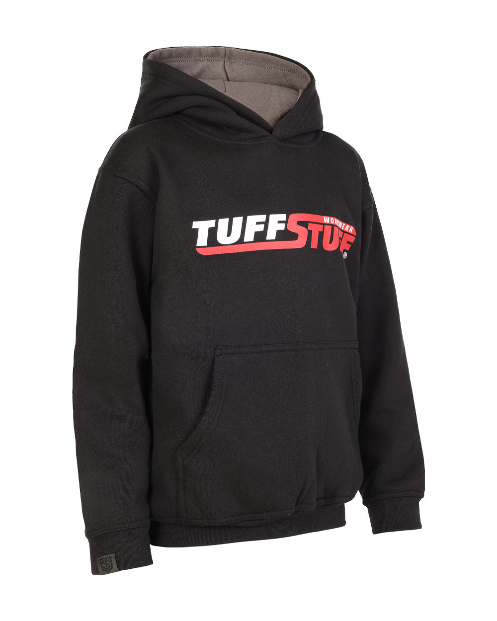 Black coloured TuffStuff Childrens Logo Hoodie on White Background 