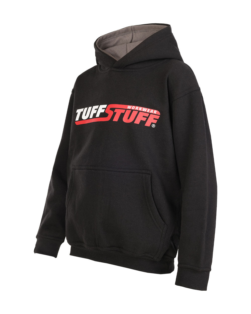 Black coloured TuffStuff Childrens Logo Hoodie on White Background 