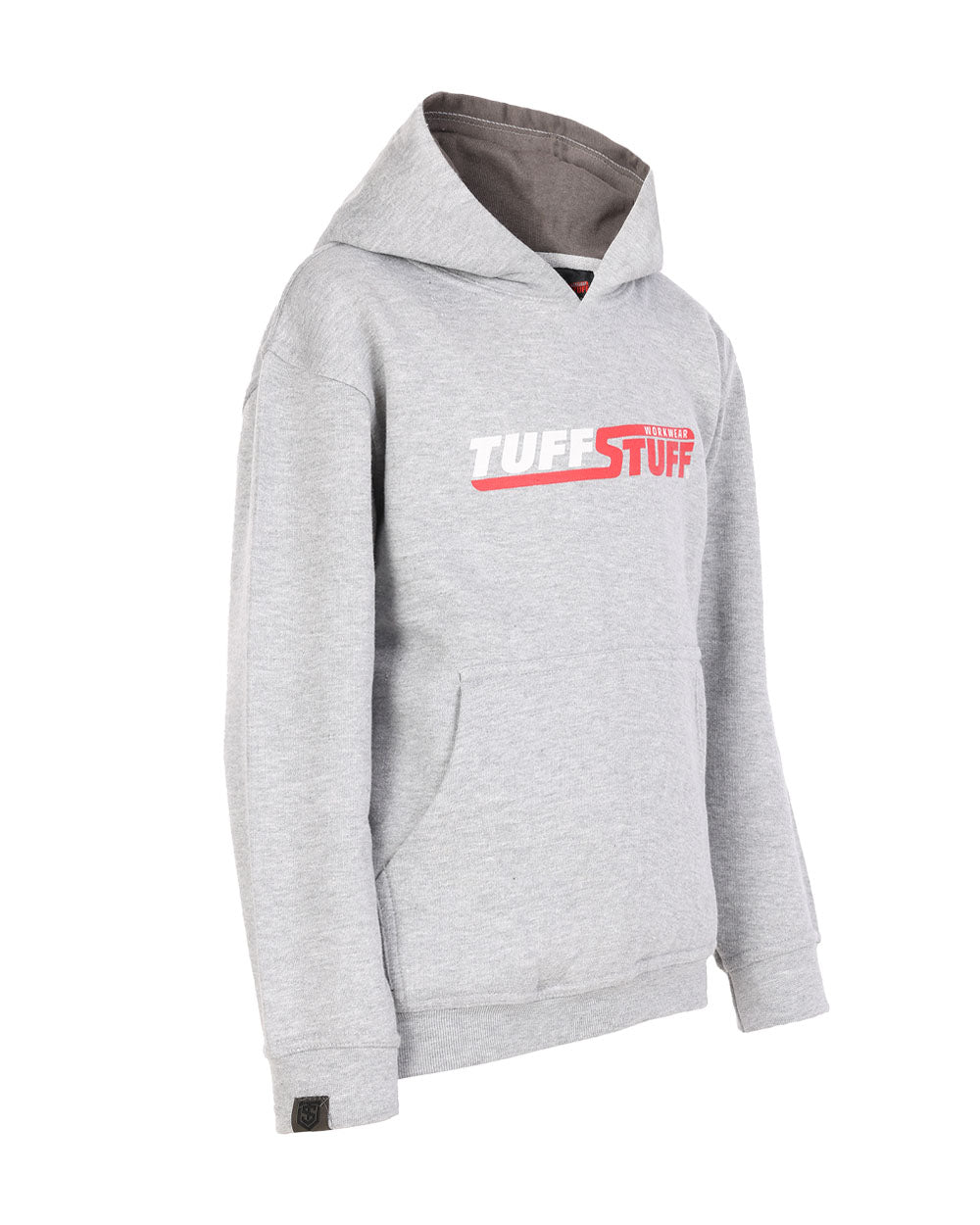 Grey coloured TuffStuff Childrens Logo Hoodie on White Background 