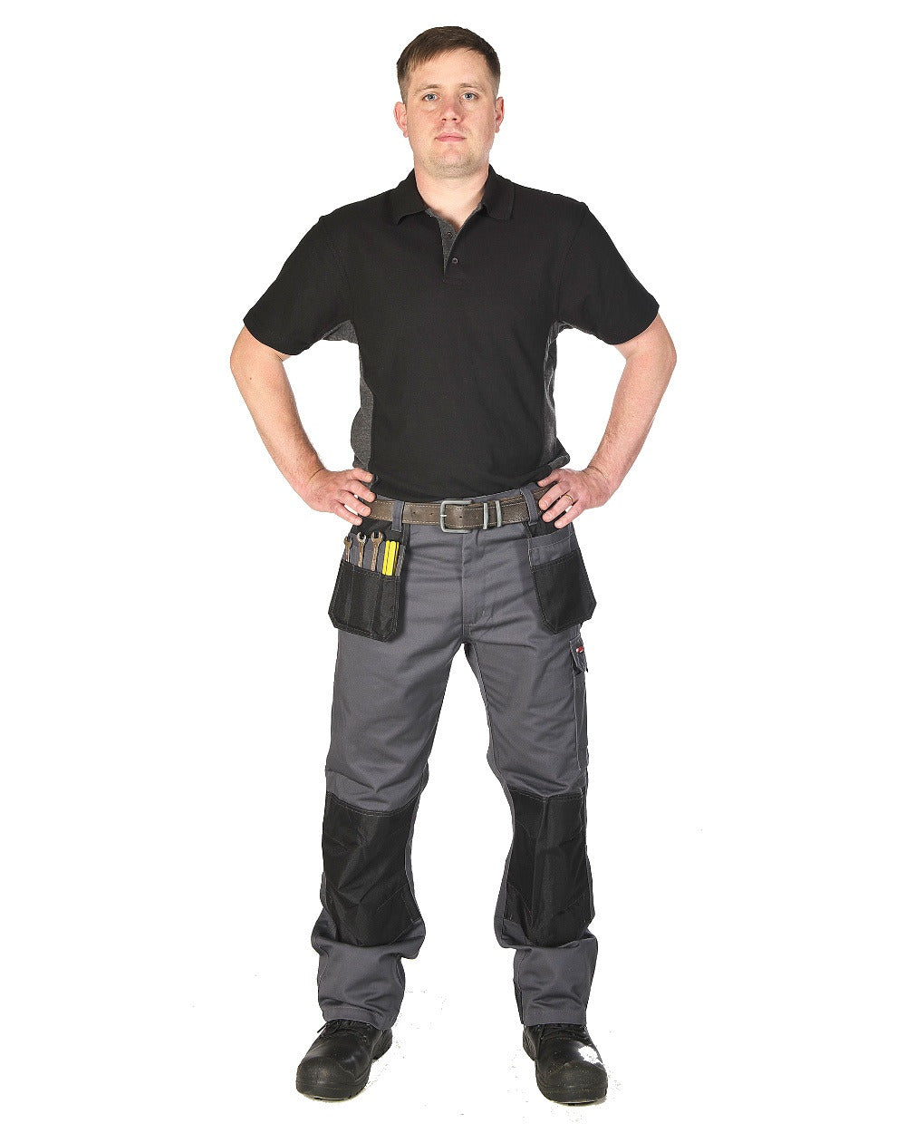 Grey Coloured TuffStuff Excel Work Trousers On A White Background 