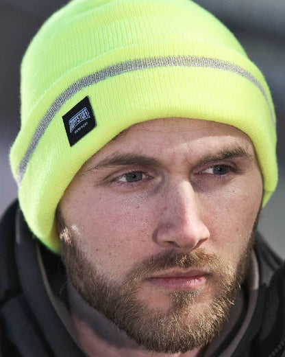 Yellow Coloured TuffStuff Reflective Thinsulate Beanie On A Warehouse Background