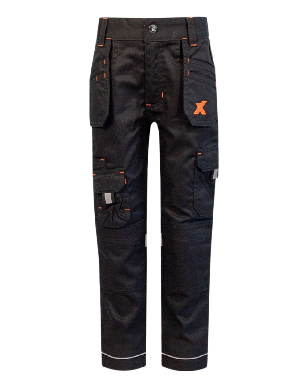 Black Coloured Xpert Children Pro Stretch Work Trousers on White Background
