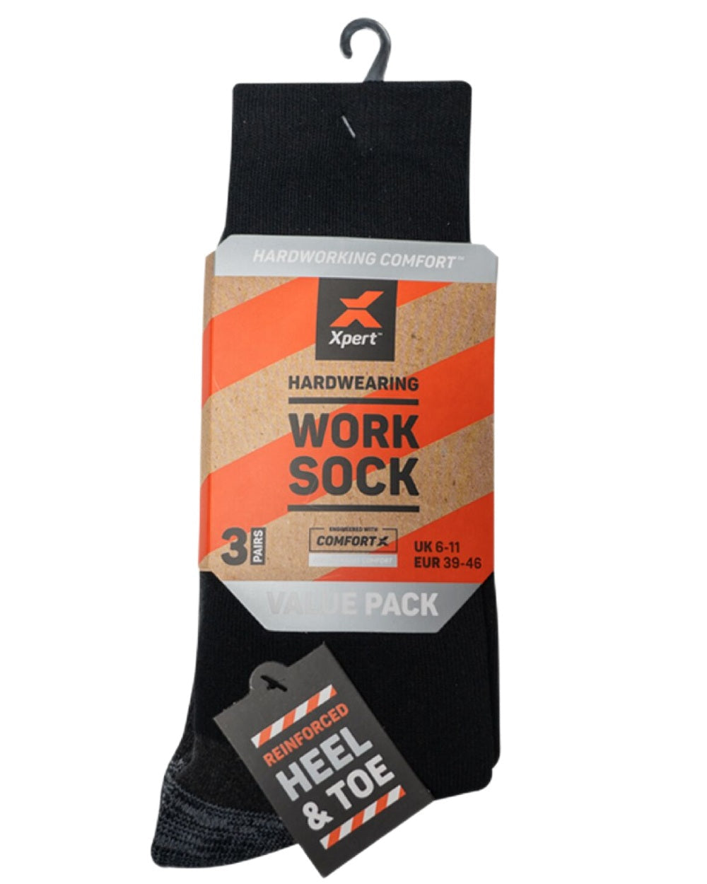 Black Grey Coloured Xpert Core Comfort Work Socks 3 Pack on White Background
