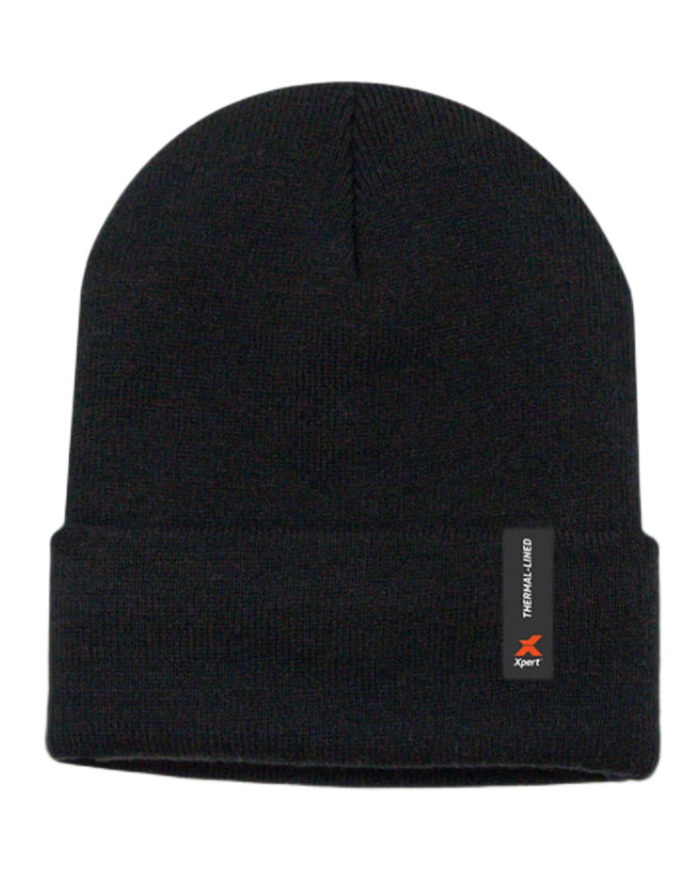 Black Coloured Xpert Core Thermal Lined Beanie Hat on White Background
