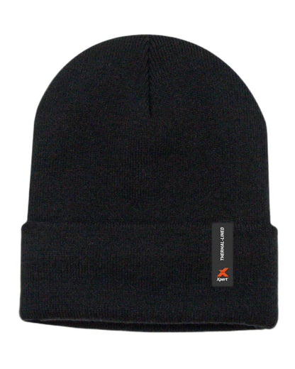 Black Coloured Xpert Core Thermal Lined Beanie Hat on White Background
