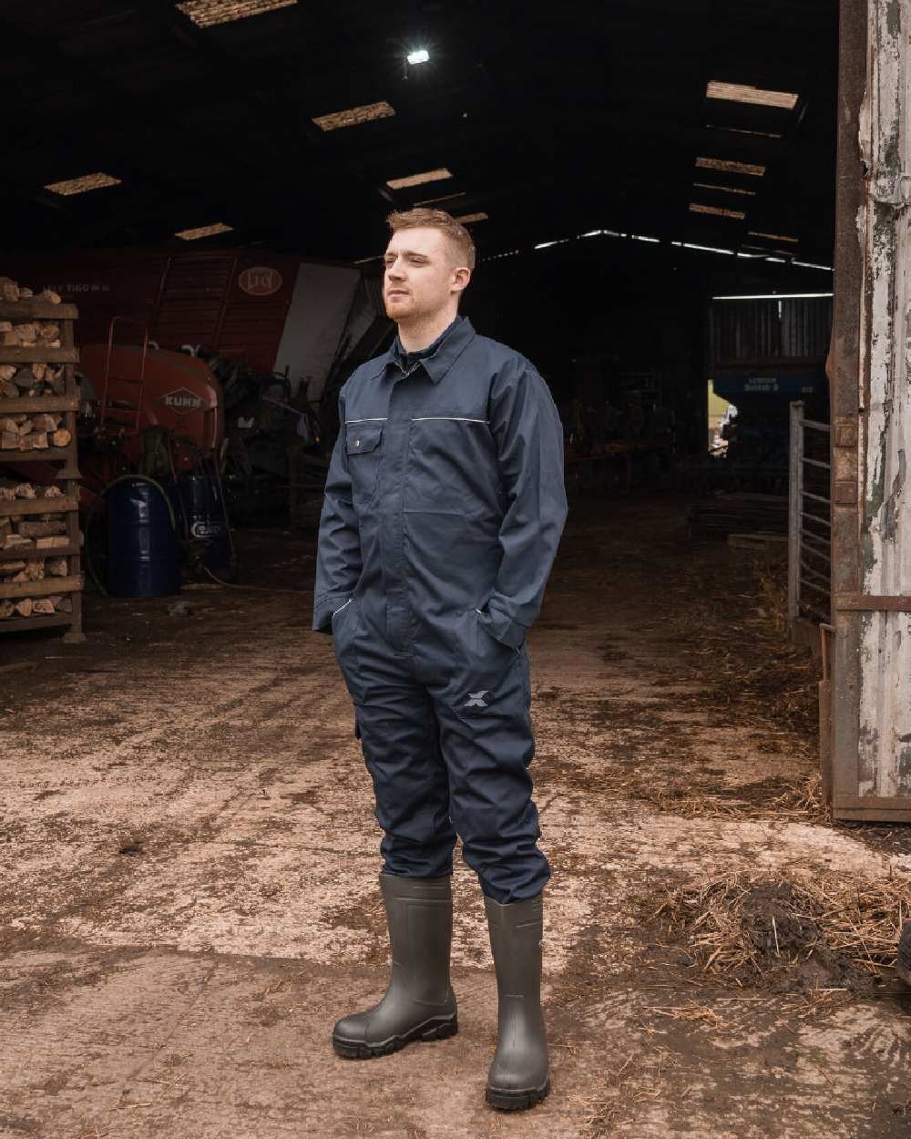 Navy Coloured Xpert Core Zip-Front Coverall on Outdoor Background
