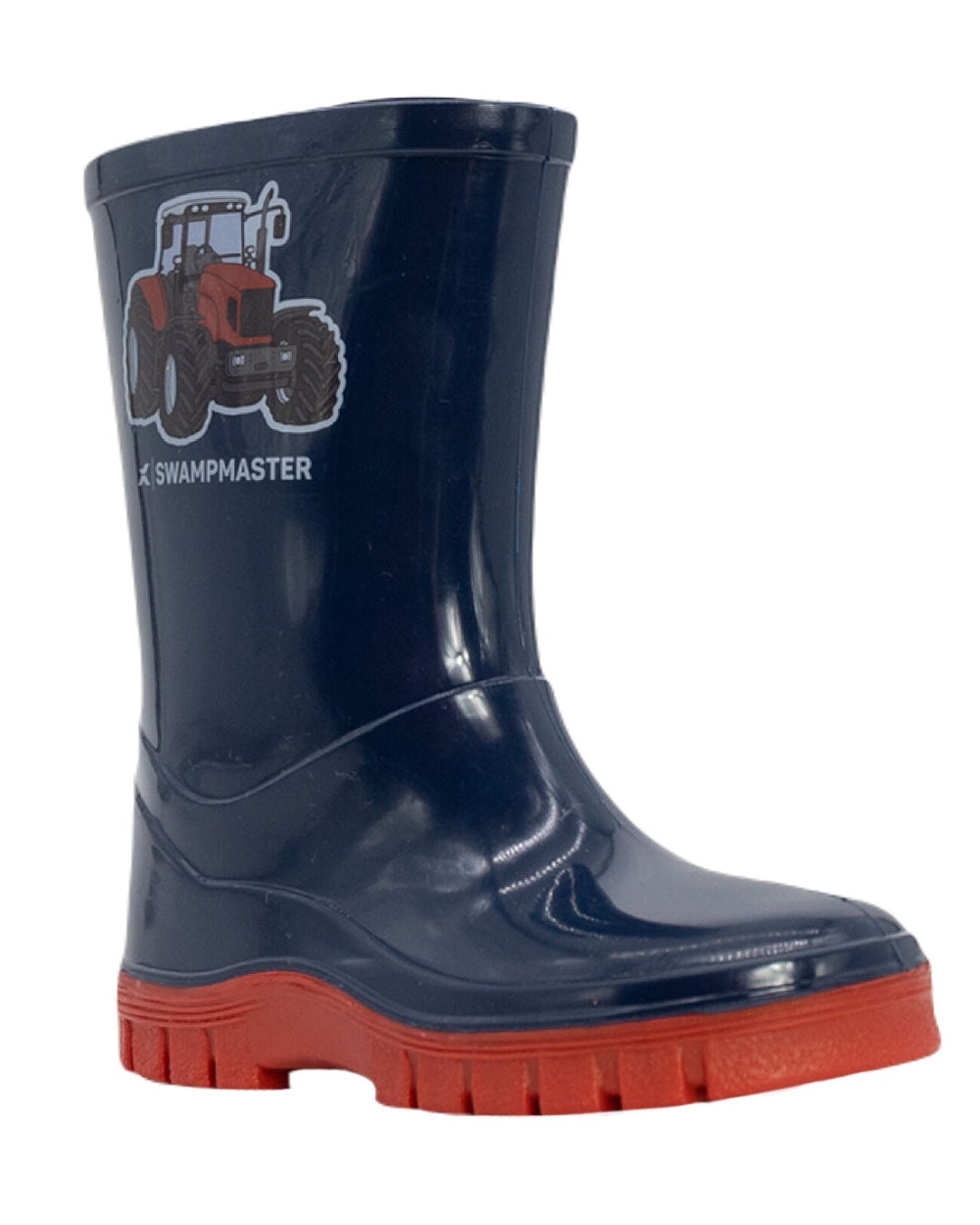 Navy Red Coloured Xpert Childrens Swampmaster Tractor Wellingtons on White Background
