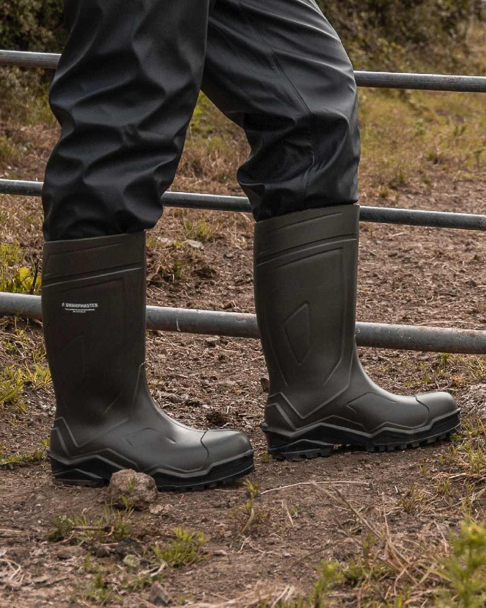 Green Coloured Xpert Mens Swampmaster Pro Champion+ Non-Safety Wellingtons on Outdoor Background
