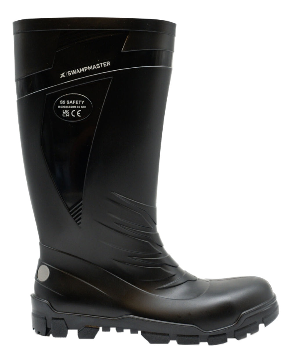 Black Coloured Xpert Mens Swampmaster Titan S5 Safety PVC Wellingtons on White Background
