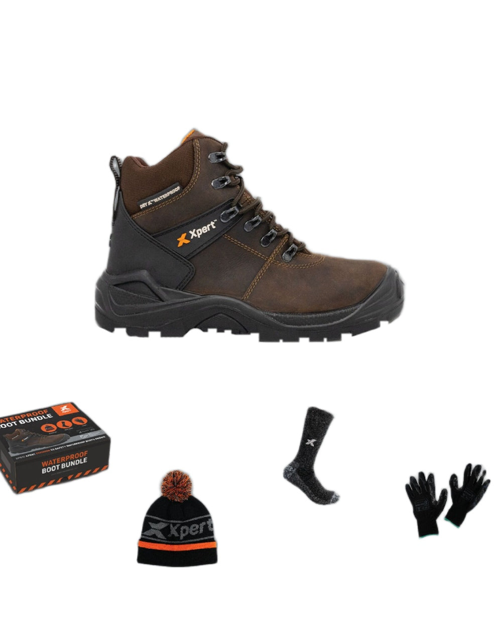 Brown Coloured Xpert Typhoon Safety Boots Bundle GGX 2024 on White Background
