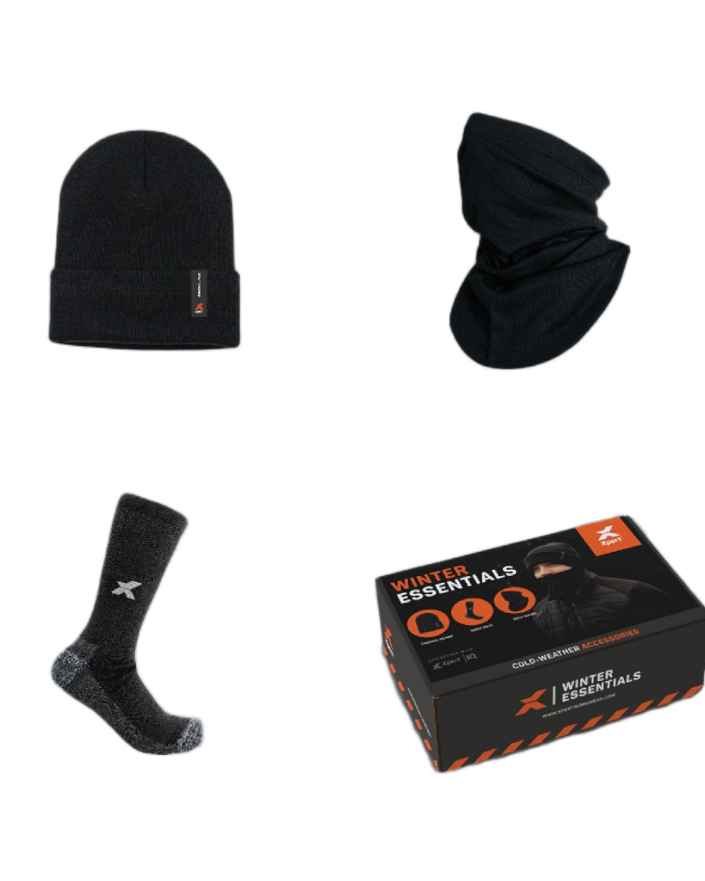 Black Coloured Xpert Winter Essentials Set Socks, Hat &amp; Snood on White Background
