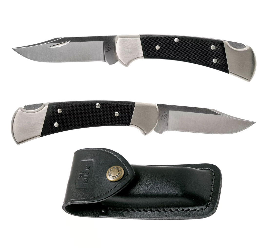 Buck Ranger Pro Knife | Black with silver nickel bolsters and leather sheath