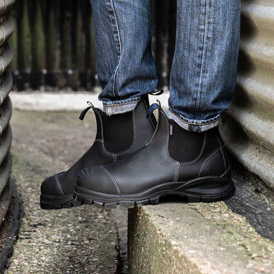 Worn with work jeans 910 Black Leather Safety Toe Boots by Blundstone 