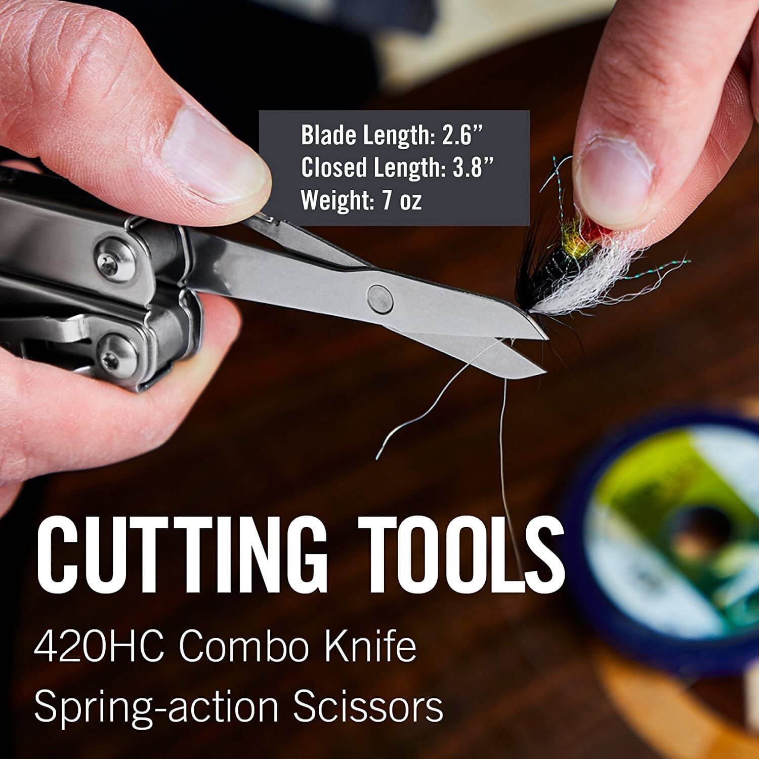 Combo knife, spring action scissors