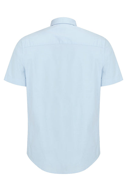 Hoggs of Fife Tolsta Short Sleeve Cotton Stretch Plain Shirt in Blue 