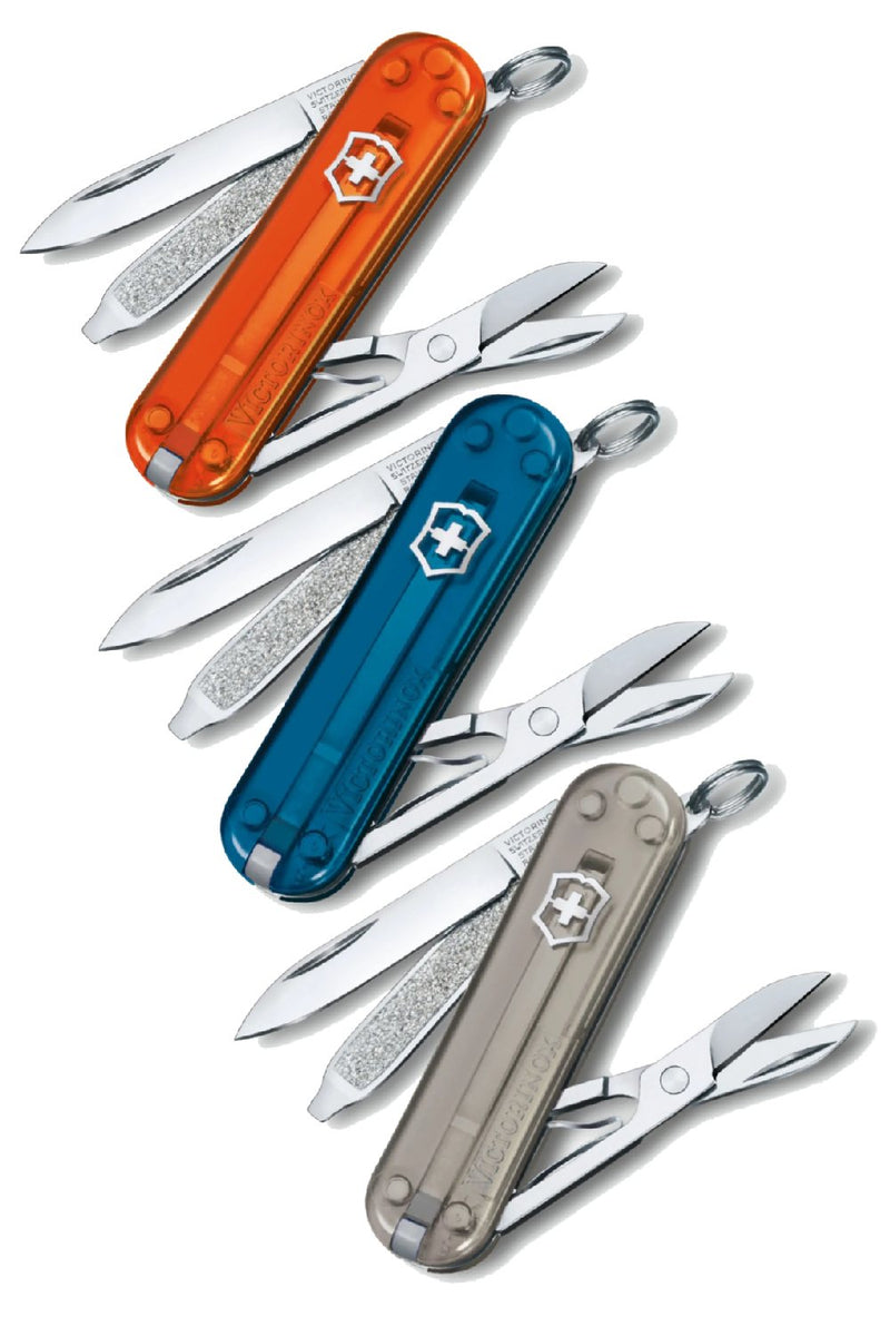 Victorinox Classic SD Transparent Swiss Army Small Pocket Knife in Sky High, Mystical Morning, Fire Opal