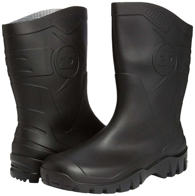 black pair Dunlop Dee Low Leg Wellington Boots W116EX Green & Black