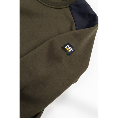 Caterpillar Essentials Crewneck Sweatshirt in Army Moss. Sleeve